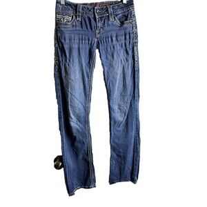 Rock Revival Woman’s Jeans Blue Size 27 Raven Boot Cut Heavy Stitch Look READ